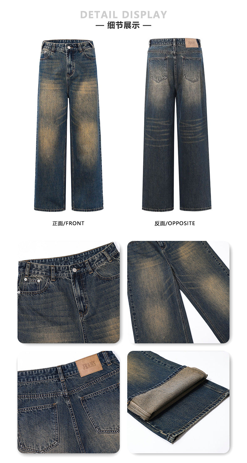 LKTM Men's# American Street Retro Mud Dyed Old Jeans Men's and Women's Trendy Brand Loose Straight Pants
