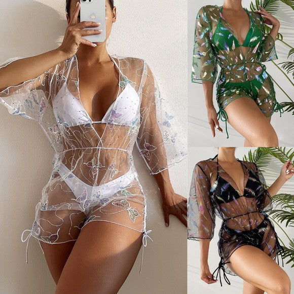 2026 Tassel Mesh Cover-Up Short Skirt Four-Piece Bikini New Thai Ins Style Cross-Border Solid Color Swimsuit for Women