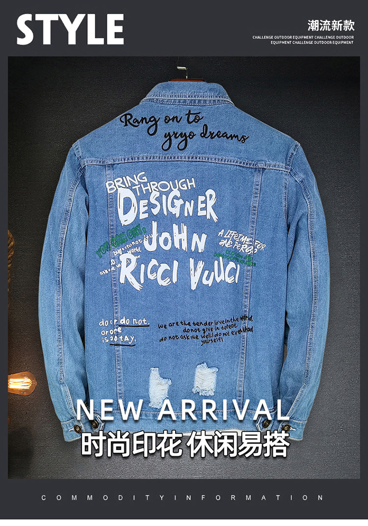 LAZADA New Foreign Trade Men's Jacket Spring and Autumn light blue Fashion Men's Slim-fit Printed Ripped Denim Jacket for Men