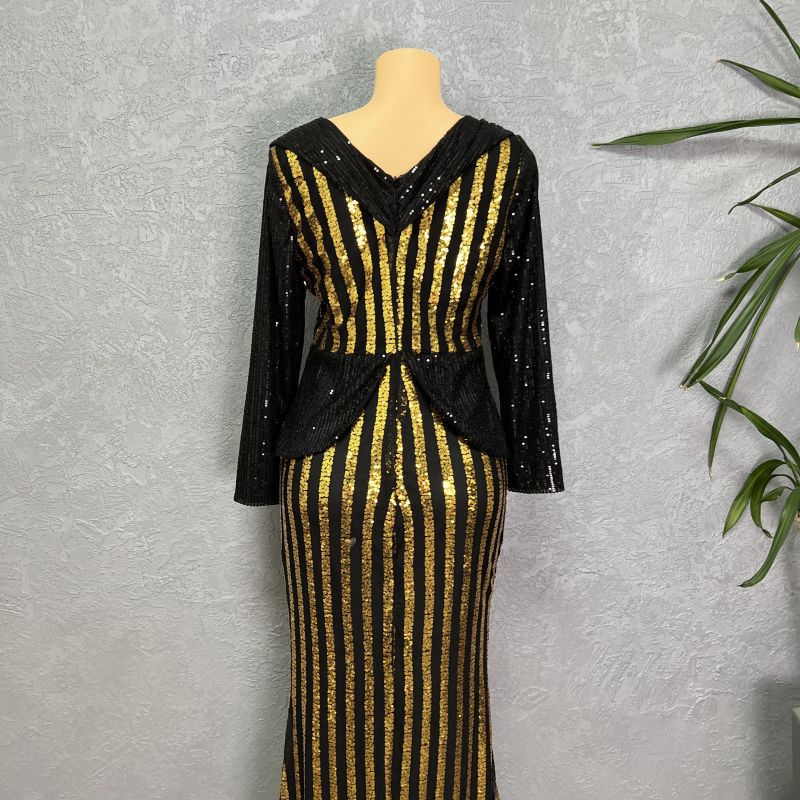 Africa Cross-border 2023 New Sequins Fashion Women's Seven-sleeve Fishtail Long Dress Sleeve Fashion Evening Wear Europe and America