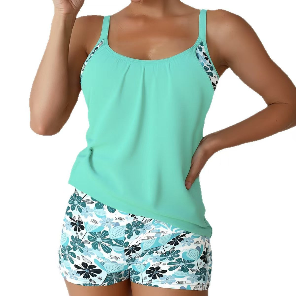 2026 European and American Style Two-Piece Swimsuit Tankini with Tummy Control, Printed Boxer Shorts, Cross-Border Trade Set, Plus Size for Curvy Women