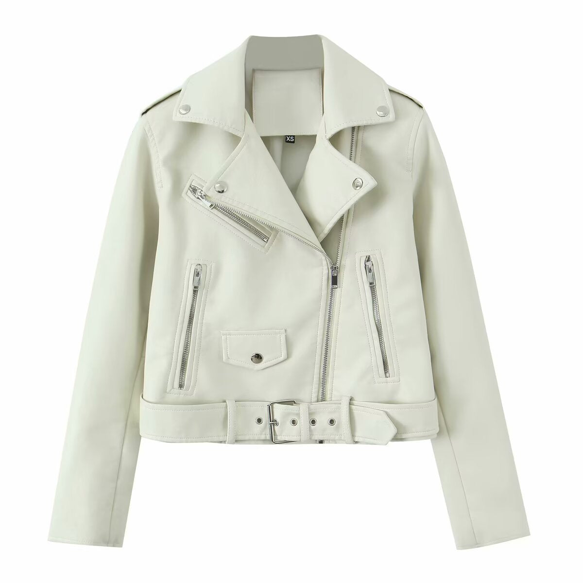 Cross-Border Wholesale European and American Motorcycle Style Pu Leather Jacket Autum New Lapel Belt Decorative Short Pu Leather Jacket for Women