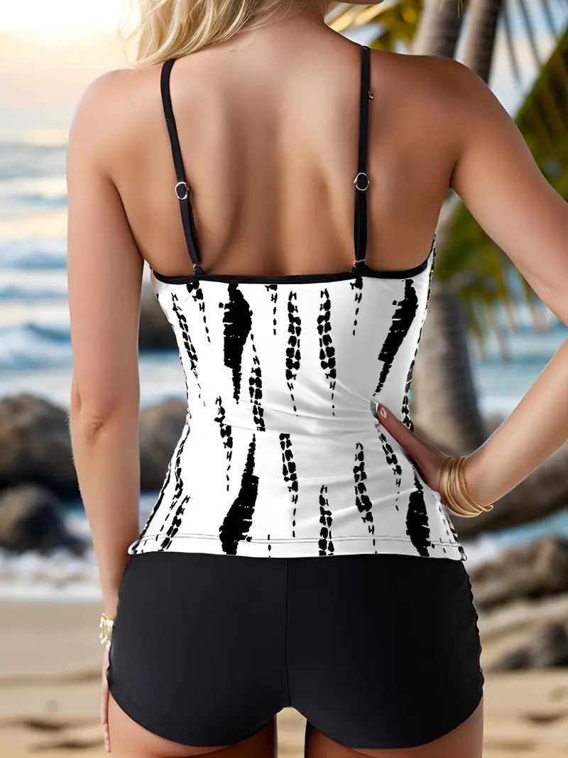 Cross-border Swimsuit European and American Printed Split Two-piece Swimsuit Flat Horn Tankini Amazon Foreign Trade Tankini
