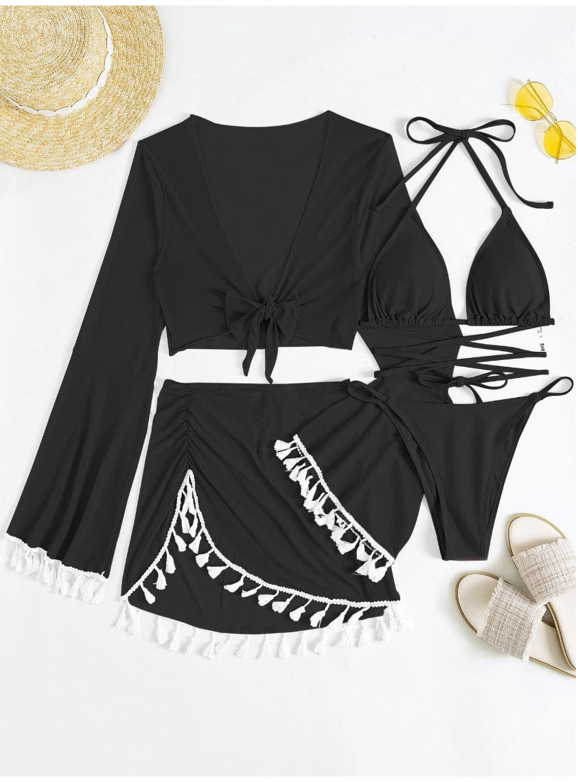 2026 Tassel Mesh Cover-Up Short Skirt Four-Piece Bikini New Thai Ins Style Cross-Border Solid Color Swimsuit for Women
