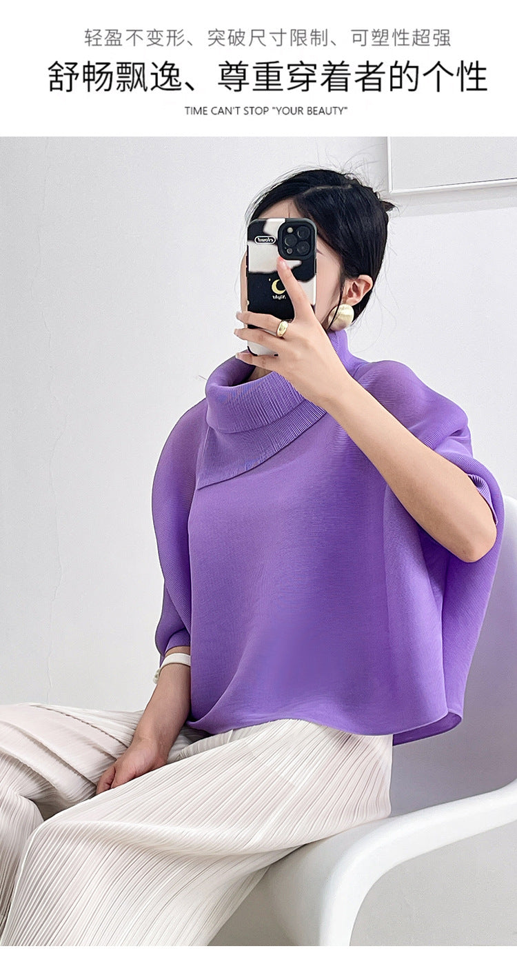 2026 Pleated Lapel Batwing Sleeve Top for Women, Spring and Autumn Style, Loose Fit, Plus Size, Long Sleeve, Pleated Solid Color Base Shirt T-Shirt