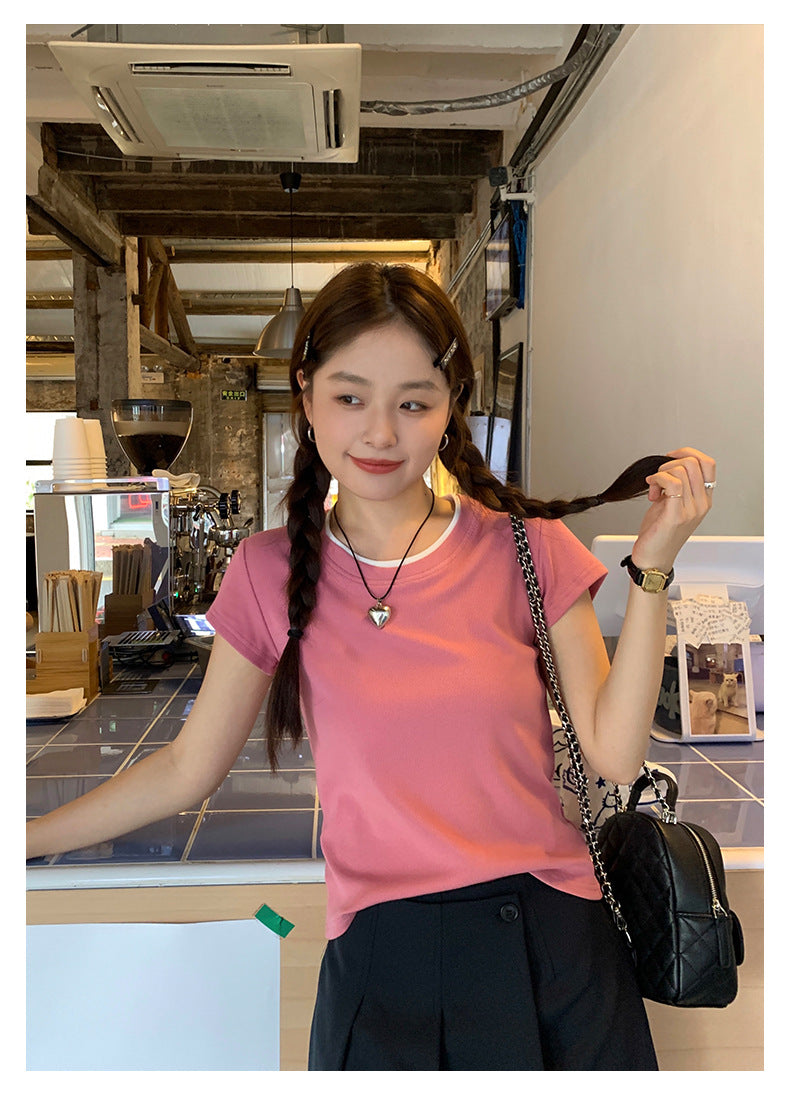 Huangyi Korean Double-Layer Collar Fake Two-Piece Short-Sleeved T-Shirt for Women 2025 Summer Short Slim Right Shoulder Top 142Th419