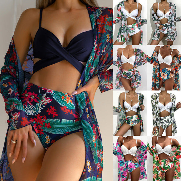 2026 Tassel Mesh Cover-Up Short Skirt Four-Piece Bikini New Thai Ins Style Cross-Border Solid Color Swimsuit for Women