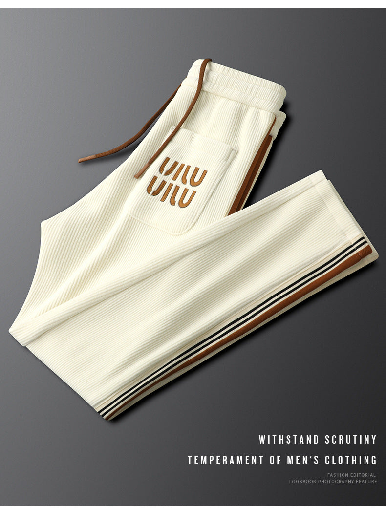 Light Luxury creamy-white fleece-lined Thickened Corduroy Casual Pants Men's Slim-fit Small Straight Pants Autumn and Winter Men's Sports Pants
