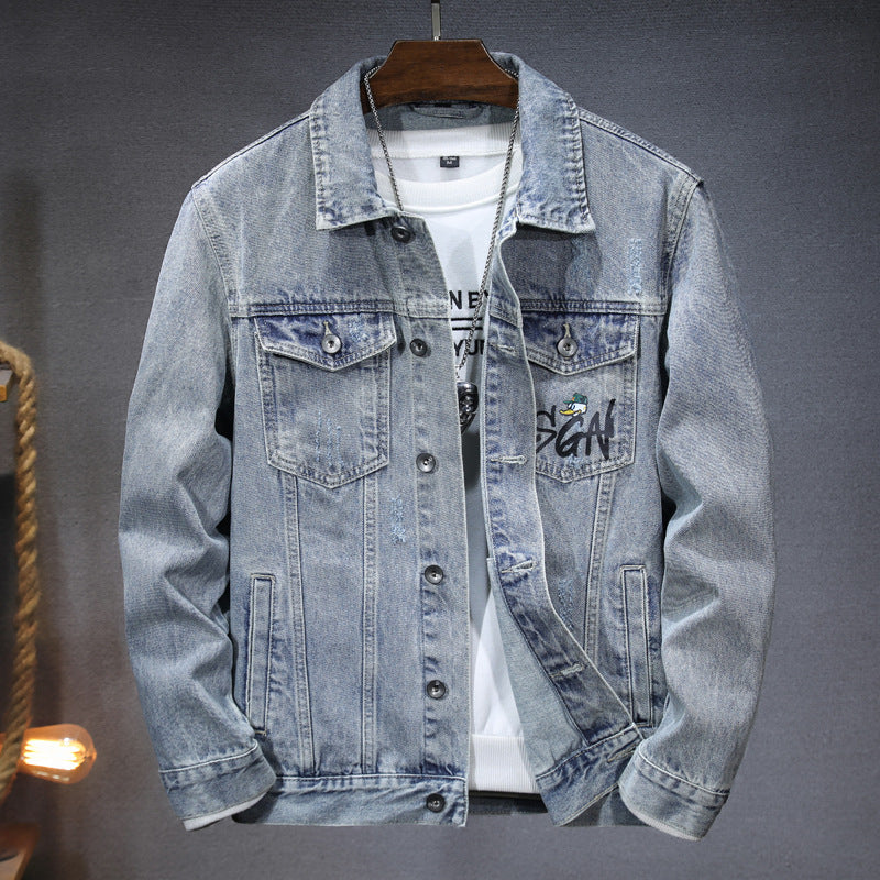 Autumn 2024 Men's Denim Jacket Coat Printed Casual Handsome Fashion Brand All-match Top Men's Jeans