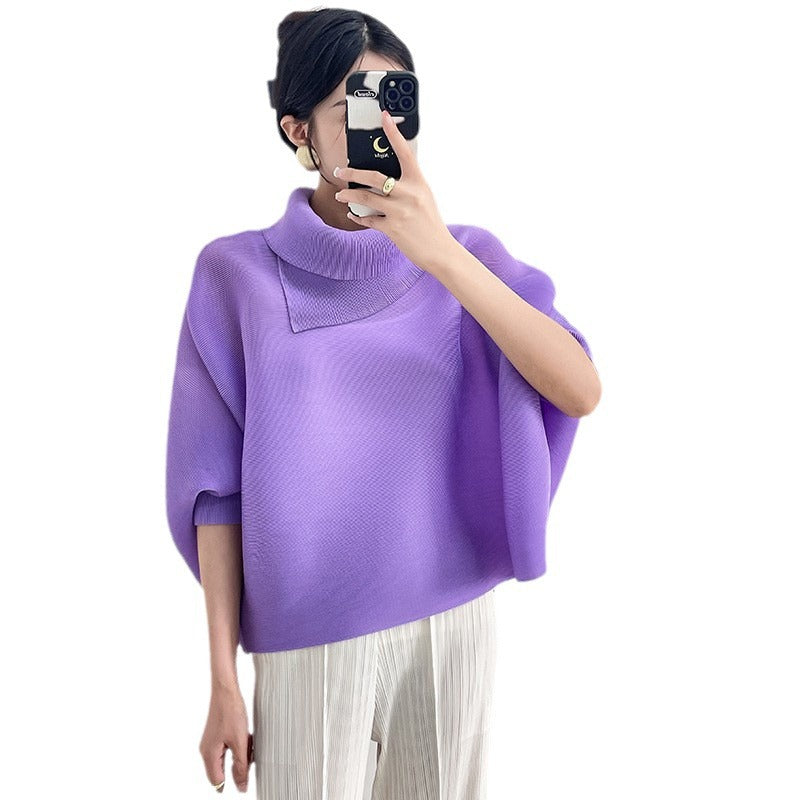 2026 Pleated Lapel Batwing Sleeve Top for Women, Spring and Autumn Style, Loose Fit, Plus Size, Long Sleeve, Pleated Solid Color Base Shirt T-Shirt