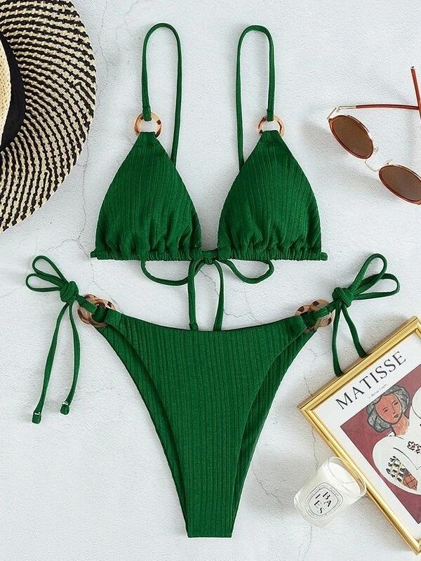 2024 New Ins Swimsuit for Women Split Bikini Two-Piece Set Fairy Style Sexy Pure Color Lace-Up Swimsuit for Women