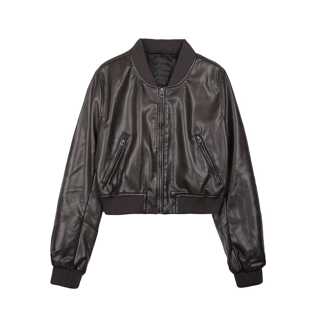 Spring European and American Urban Casual Stand Collar Pu Jacket Short Imitation Leather Motorcycle Clothing Niche Design Jacket for Women