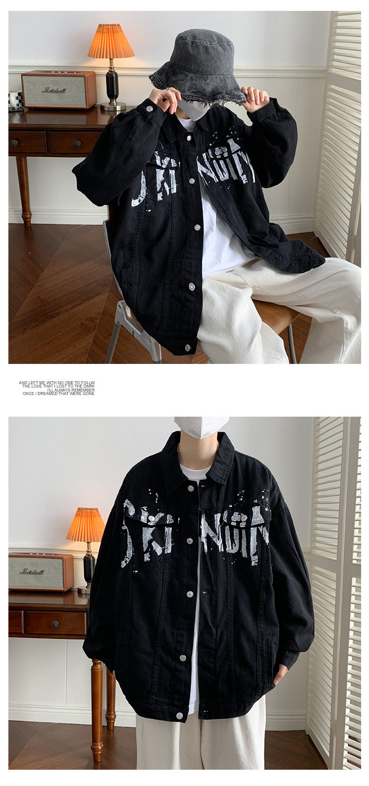 Autumn American graffiti letter printing handsome high street Denim jacket men and women couple all-match youth loose jacket