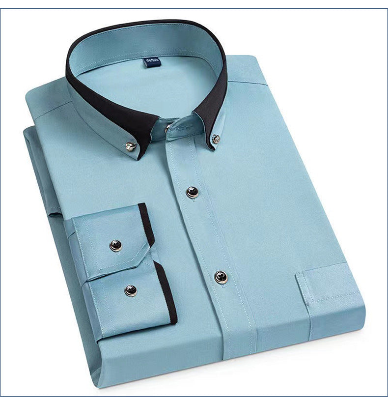 Business Shirts, Long-Sleeved Men's Shirts, No-Iron, Four-Way Stretch, Diamond Button Shirts, Men's Long-Sleeved Shirts