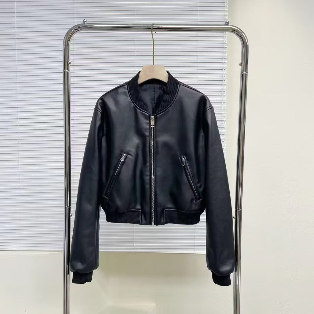 Spring European and American Urban Casual Stand Collar Pu Jacket Short Imitation Leather Motorcycle Clothing Niche Design Jacket for Women