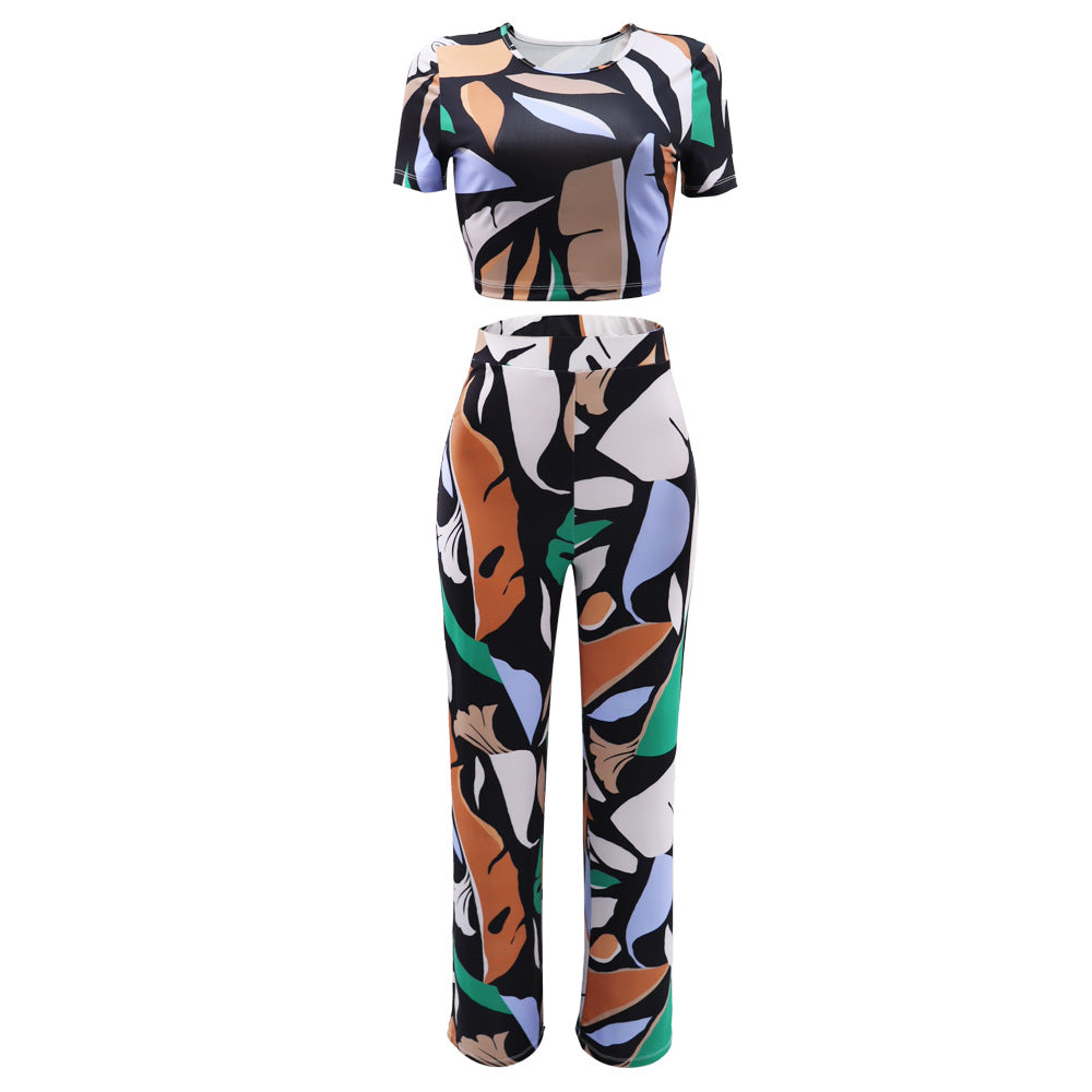 10266 Cross-border European and American Amazon Printed Slim-fit Short-sleeved Casual Elegant High Waist Pants suit Two-piece Set