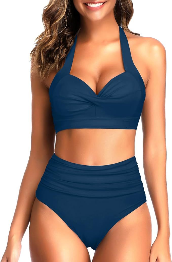 New Amazon Cross-border High Waist Neck Printed Strap Tankini Split Swimsuit European and American Slim Bikini