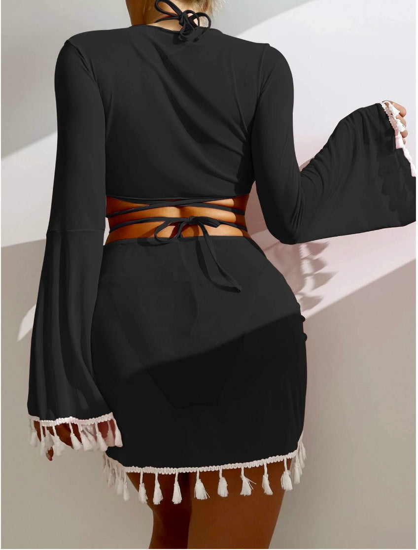 2026 Tassel Mesh Cover-Up Short Skirt Four-Piece Bikini New Thai Ins Style Cross-Border Solid Color Swimsuit for Women