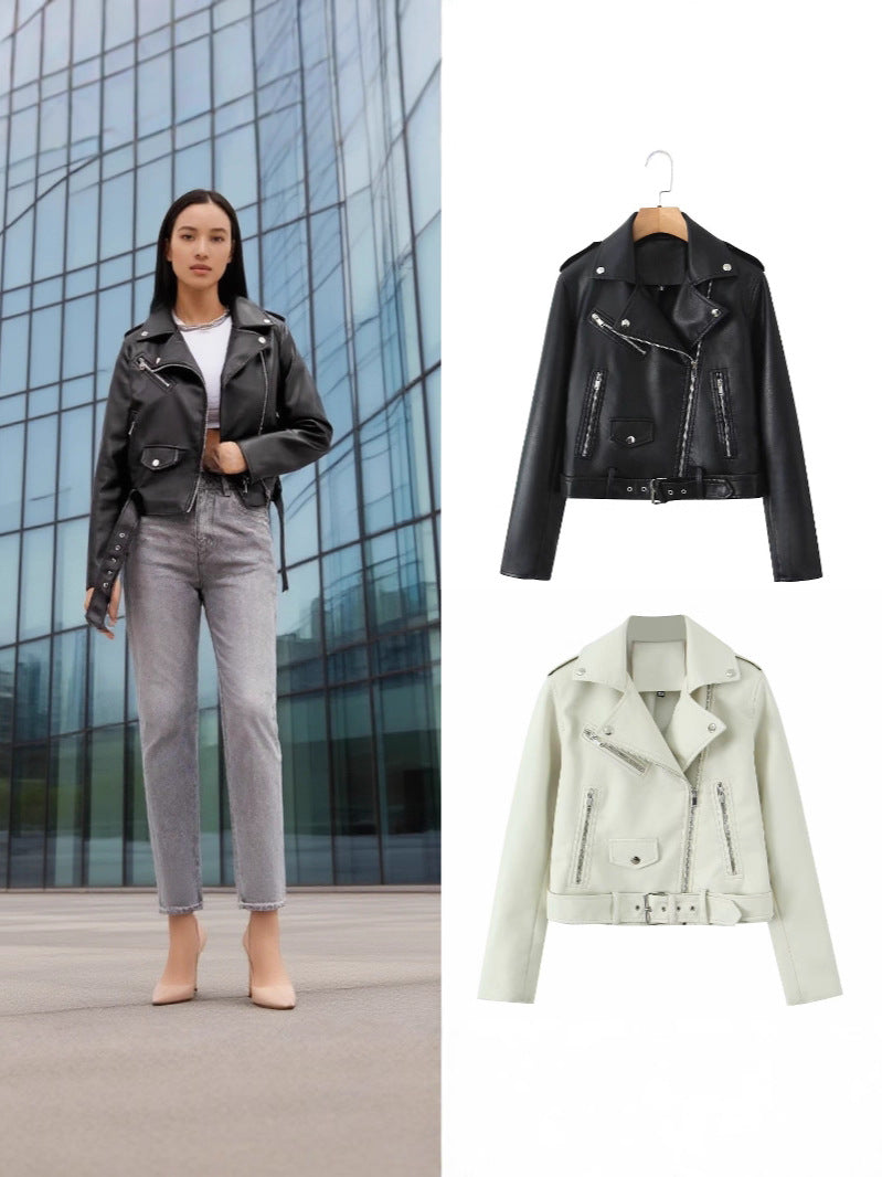 Cross-Border Wholesale European and American Motorcycle Style Pu Leather Jacket Autum New Lapel Belt Decorative Short Pu Leather Jacket for Women