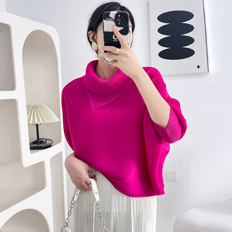 2026 Pleated Lapel Batwing Sleeve Top for Women, Spring and Autumn Style, Loose Fit, Plus Size, Long Sleeve, Pleated Solid Color Base Shirt T-Shirt
