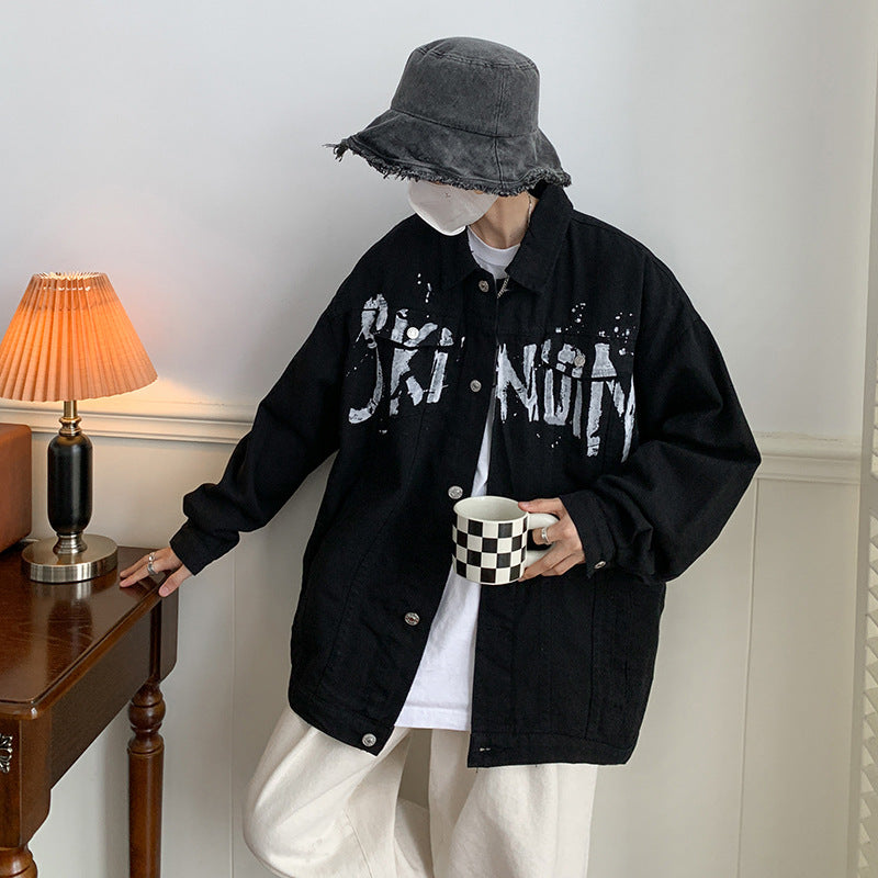Autumn American graffiti letter printing handsome high street Denim jacket men and women couple all-match youth loose jacket