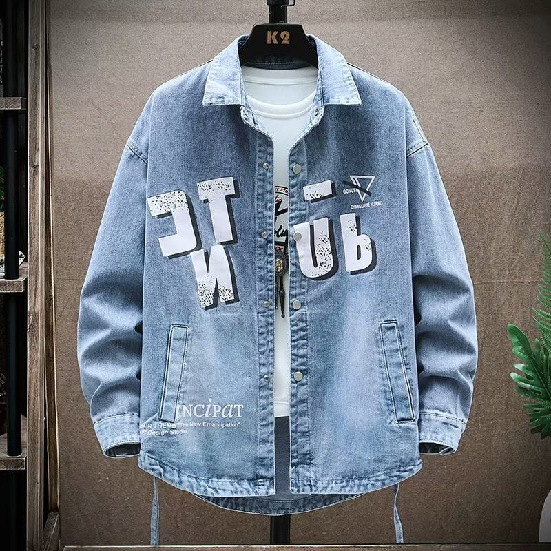 Black American Style Denim Jacket Men's Spring and Autumn New Fashion Brand Loose Printed Retro Jacket for Boys