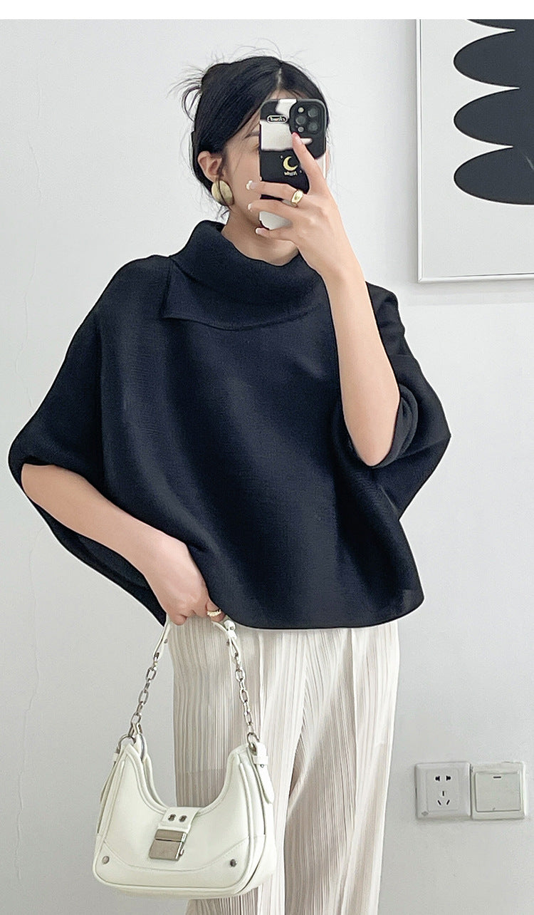 2026 Pleated Lapel Batwing Sleeve Top for Women, Spring and Autumn Style, Loose Fit, Plus Size, Long Sleeve, Pleated Solid Color Base Shirt T-Shirt