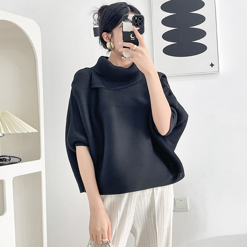 2026 Pleated Lapel Batwing Sleeve Top for Women, Spring and Autumn Style, Loose Fit, Plus Size, Long Sleeve, Pleated Solid Color Base Shirt T-Shirt