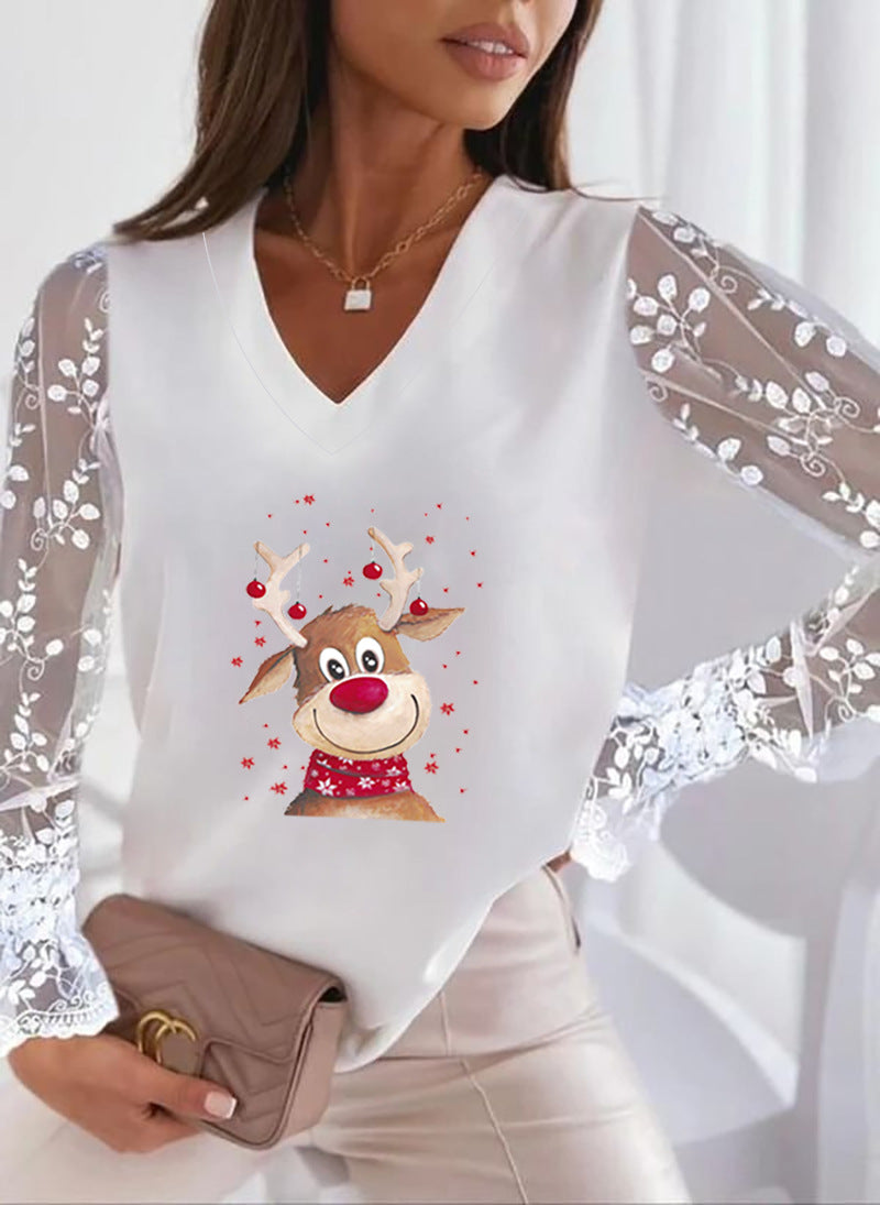 Autumn and Winter New Christmas Personalized Print European and American Cross-border Lace All-match Long-sleeved Women's T-shirt Top