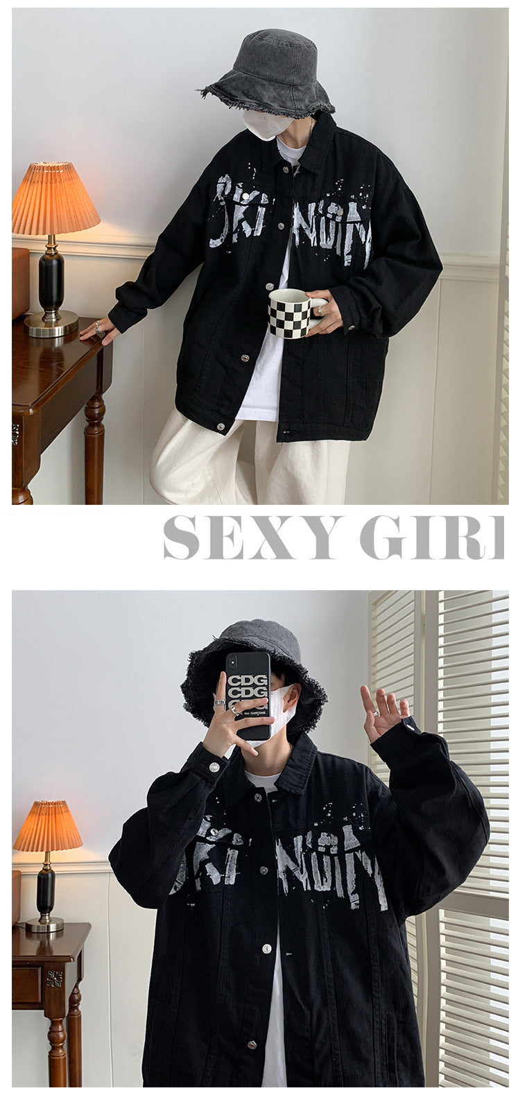 Autumn American graffiti letter printing handsome high street Denim jacket men and women couple all-match youth loose jacket