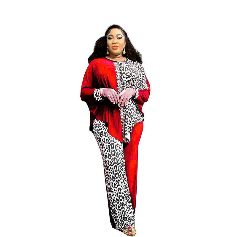 Cross-border Foreign Trade Europe, America and Africa plus size Loose Bat Sleeve Leopard Color Matching Rhinestone Top Pants suit