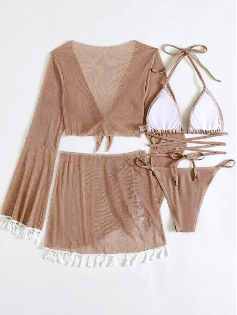 2026 Tassel Mesh Cover-Up Short Skirt Four-Piece Bikini New Thai Ins Style Cross-Border Solid Color Swimsuit for Women