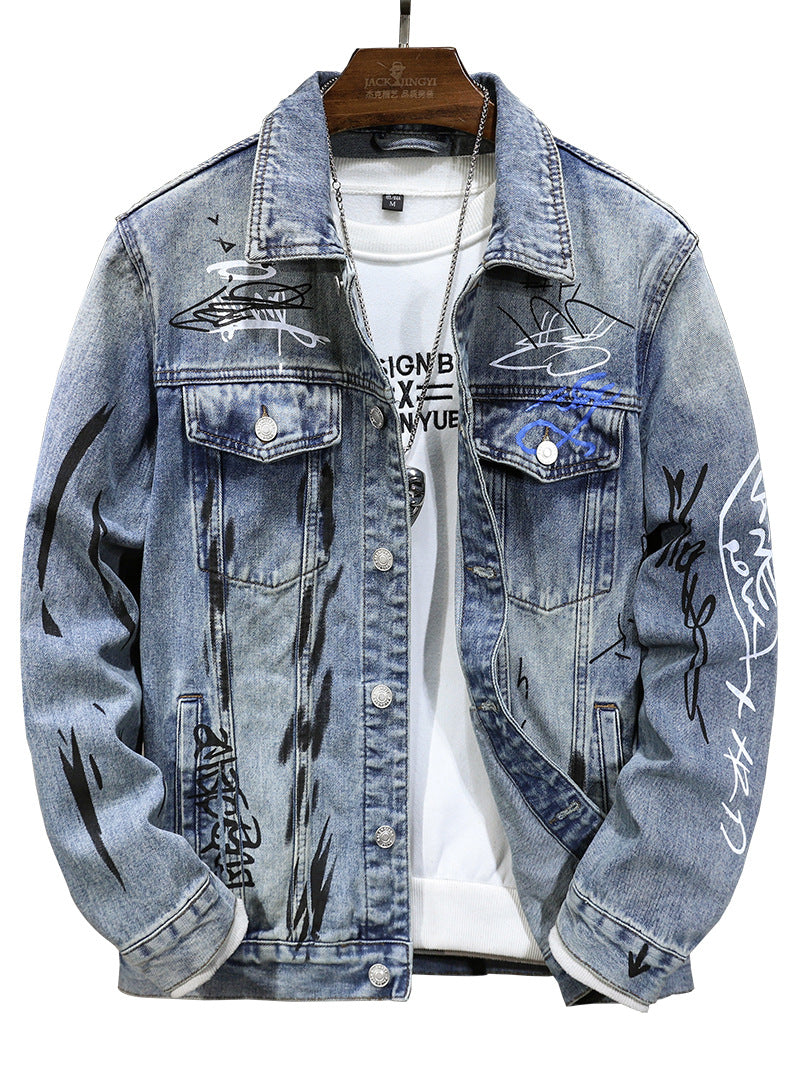 Cross-border new all-matching men's jacket spring and autumn high-end European and American fashion brand graffiti printing fit Denim coat for men