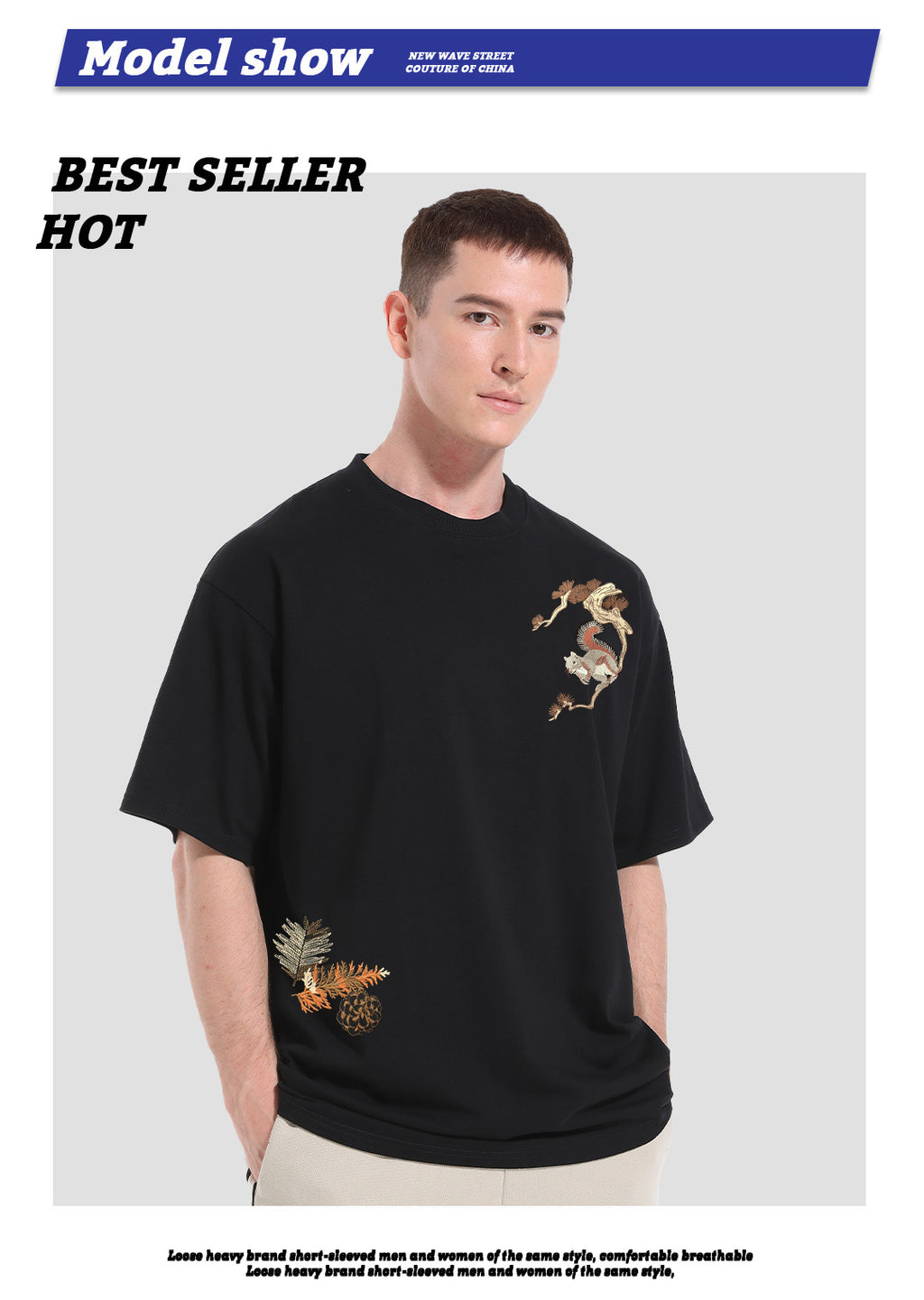 2026 New Heavyweight Pure Cotton Printed Round Neck Short-Sleeve T-Shirt with Squirrel Design, Loose Casual Style for Men and Women, Couple's Half-Sleeve Ins