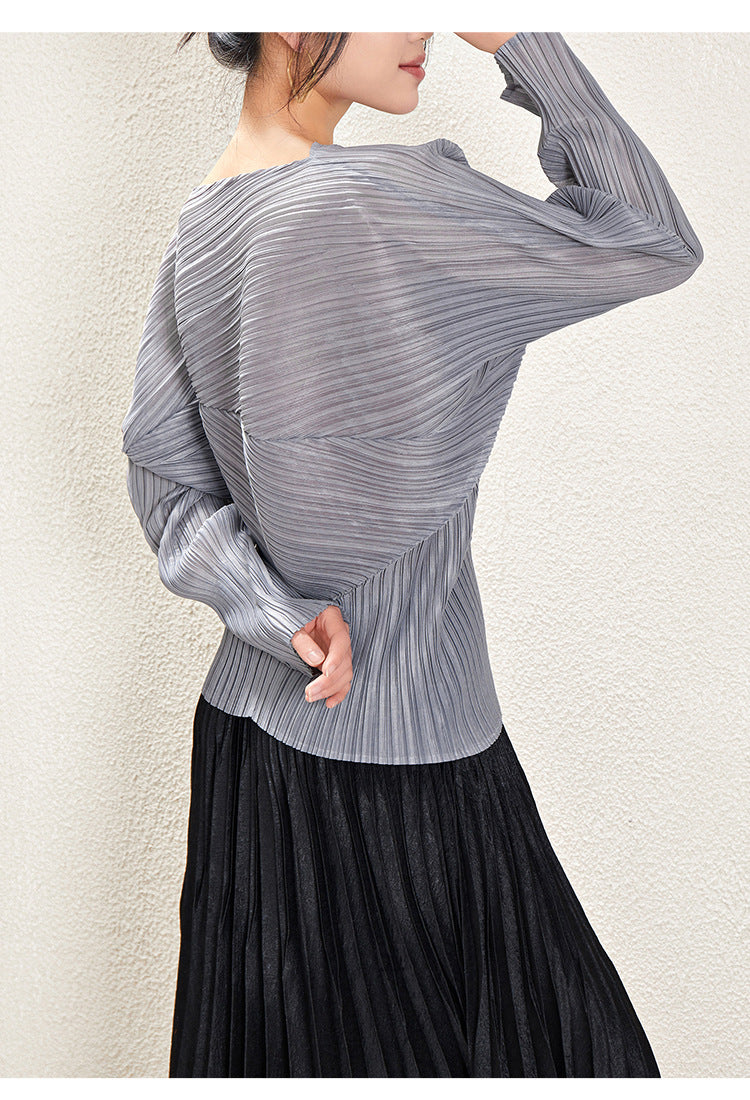Miyake Irregular Long Sleeve Top Women's 2025 Spring and Autumn Design Solid Color Loose Casual Easiest for Match Bat Sleeve T-Shirt