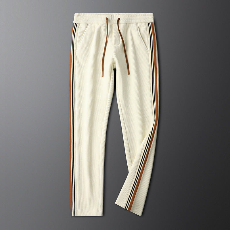 Light Luxury creamy-white fleece-lined Thickened Corduroy Casual Pants Men's Slim-fit Small Straight Pants Autumn and Winter Men's Sports Pants