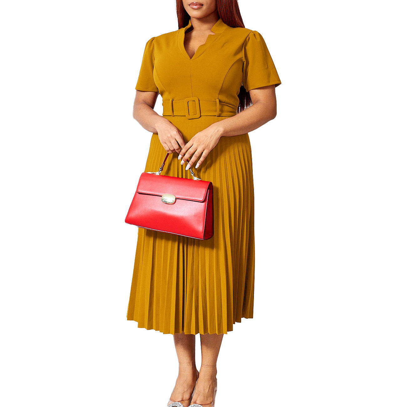 D563 Foreign Trade Cross-border Women's Clothing Summer New Short-sleeved V-neck Pleated High Waist Fashion Elegant Waist African dress