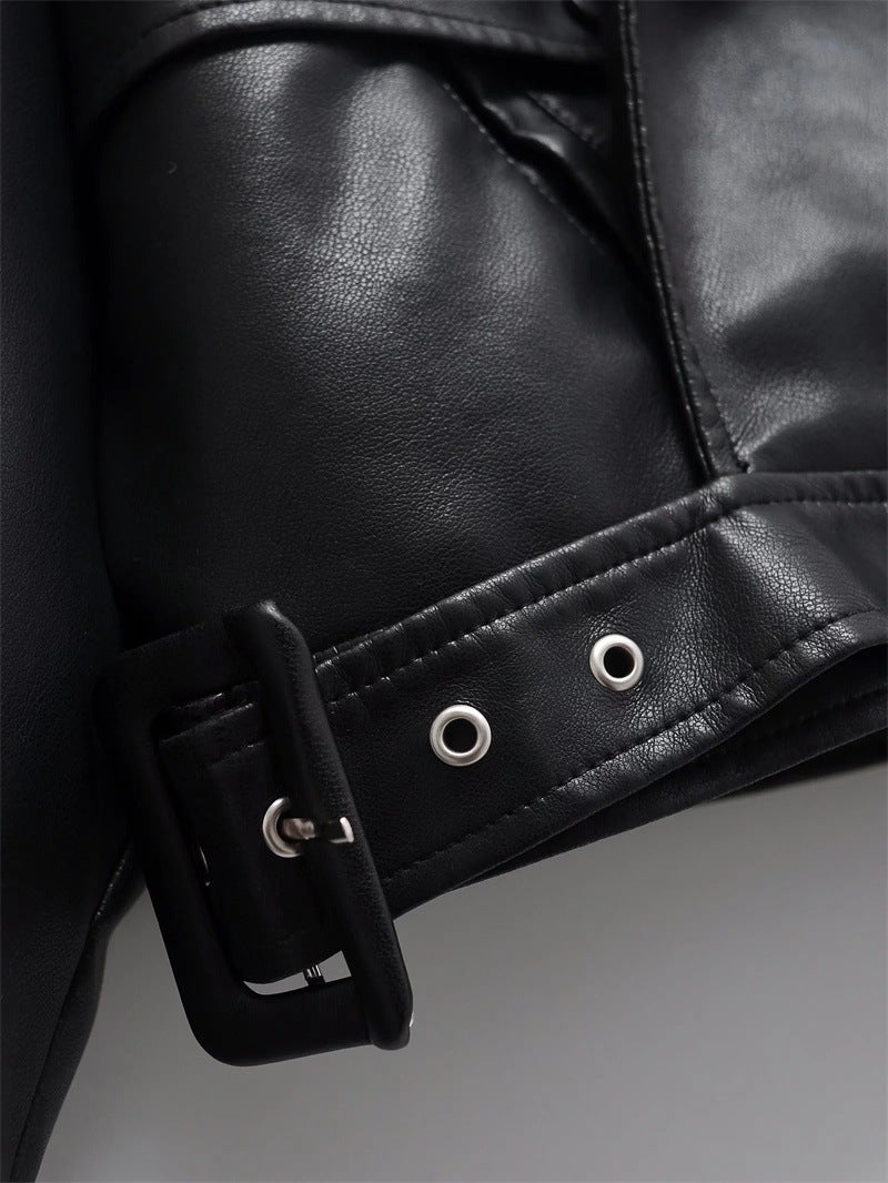 European and American Style Deep Retro Lapel Imitation Leather Jacket Top Autumn and Winter New Street Style Loose Pure Color Casual Jacket for Women