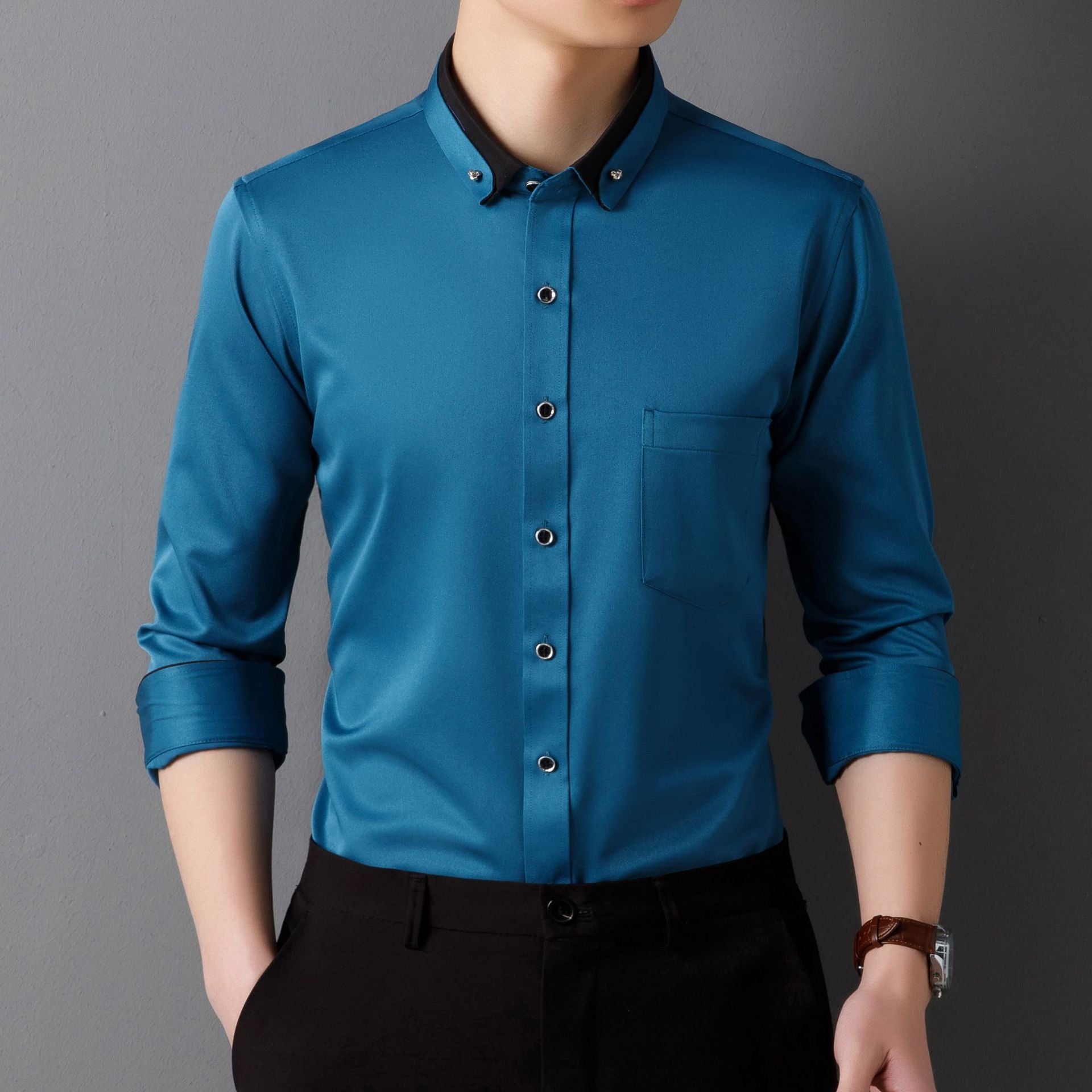 Business Shirts, Long-Sleeved Men's Shirts, No-Iron, Four-Way Stretch, Diamond Button Shirts, Men's Long-Sleeved Shirts