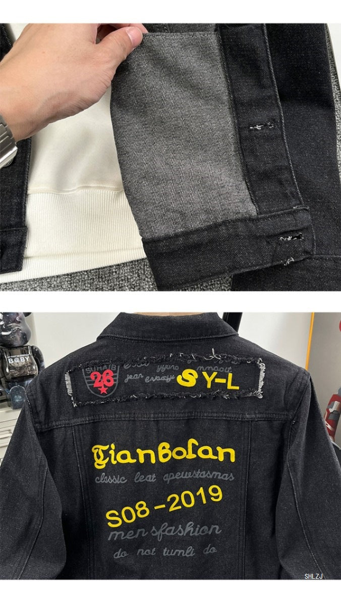 2025 Black Denim Jacket Men's Spring and Autumn Korean Style Trendy Retro Jacket Trendy Brand Letter Print Jacket