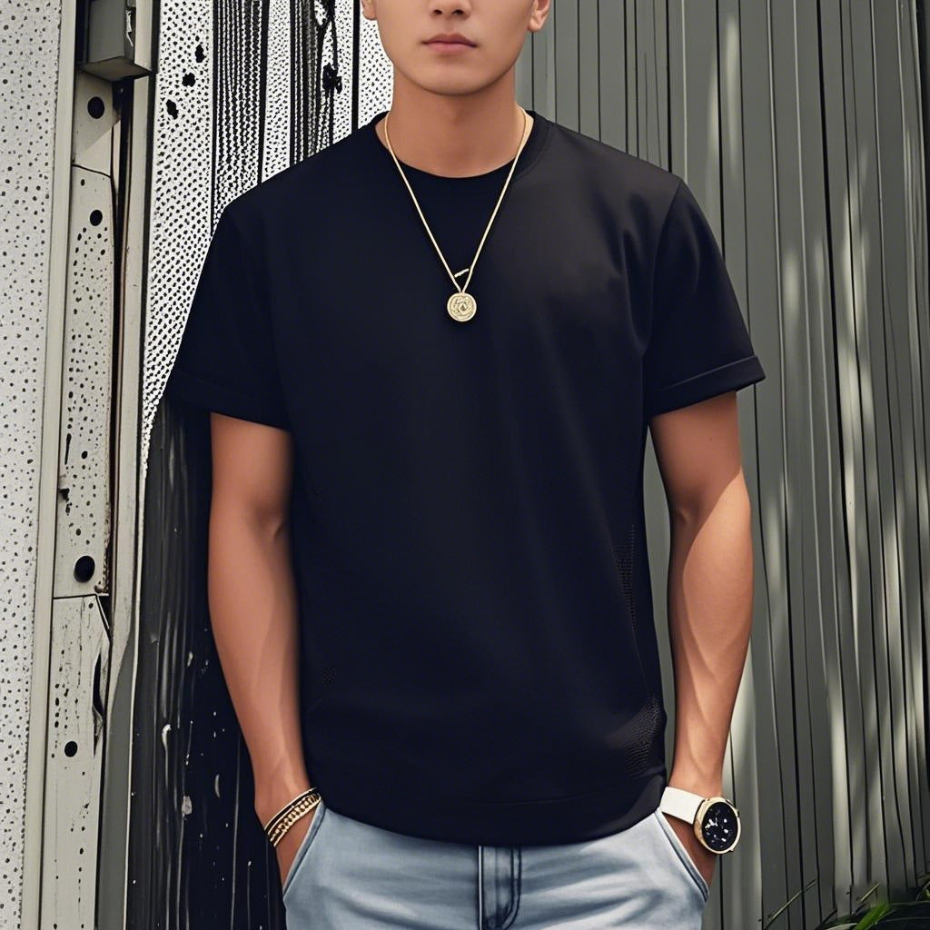 Summer Ice Silk Thin Round Neck Short-Sleeved T-Shirt for Men 2026 New Printed Pullover T-Shirt Trendy Slim Fit Men's Clothing
