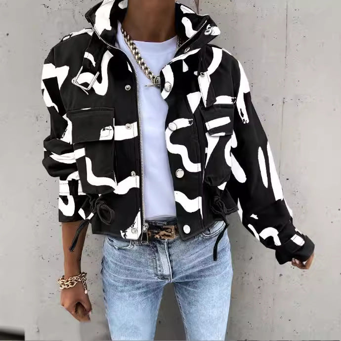 2026 Autumn and Winter Cross-Border Women's European and American New Style Amazon Aliexpress Printed Short Casual Long-Sleeved Jacket Top
