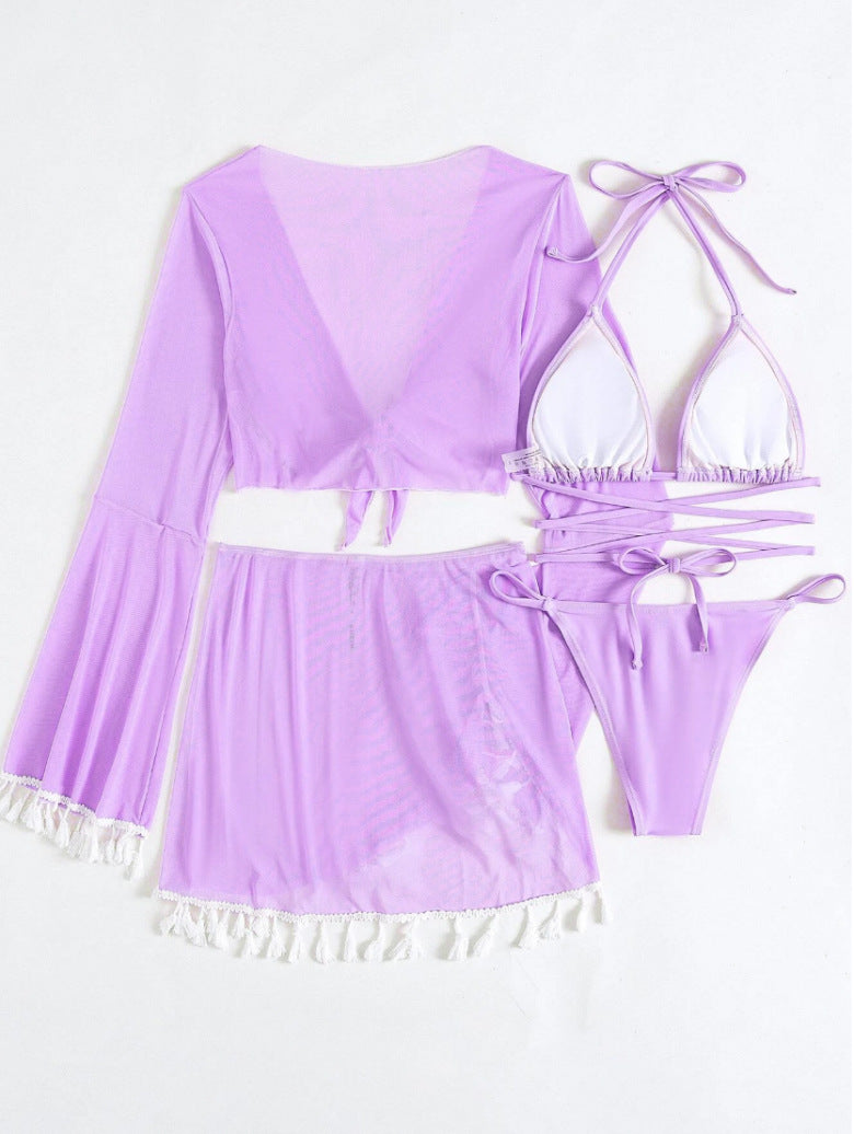 2026 Tassel Mesh Cover-Up Short Skirt Four-Piece Bikini New Thai Ins Style Cross-Border Solid Color Swimsuit for Women