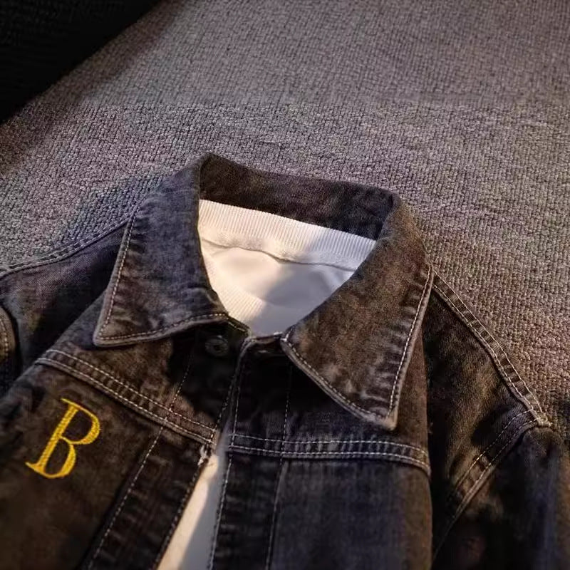 Autumn and Winter Denim Jacket Men's Korean-style Trendy Letter Printed Hong Kong-style Jacket Trendy Simple Loose Casual Denim Jacket