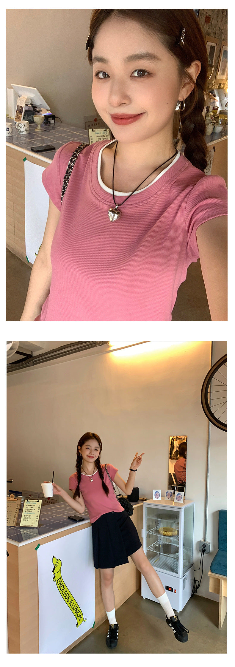Huangyi Korean Double-Layer Collar Fake Two-Piece Short-Sleeved T-Shirt for Women 2025 Summer Short Slim Right Shoulder Top 142Th419