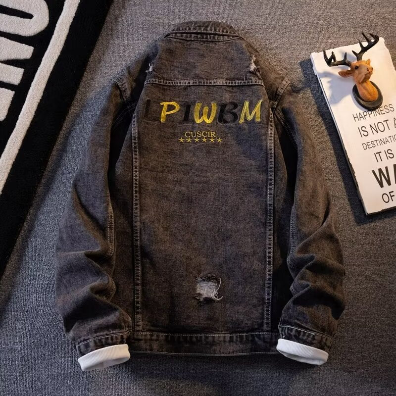Autumn and Winter Denim Jacket Men's Korean-style Trendy Letter Printed Hong Kong-style Jacket Trendy Simple Loose Casual Denim Jacket