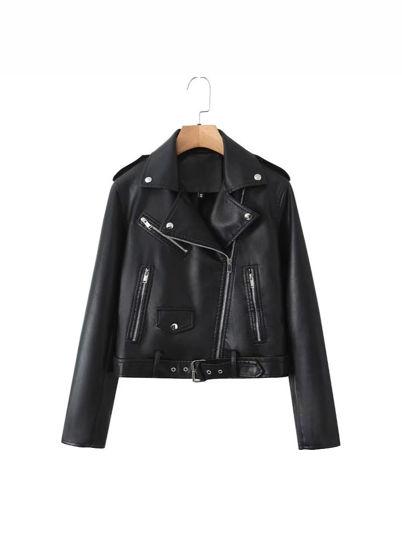 Cross-Border Wholesale European and American Motorcycle Style Pu Leather Jacket Autum New Lapel Belt Decorative Short Pu Leather Jacket for Women