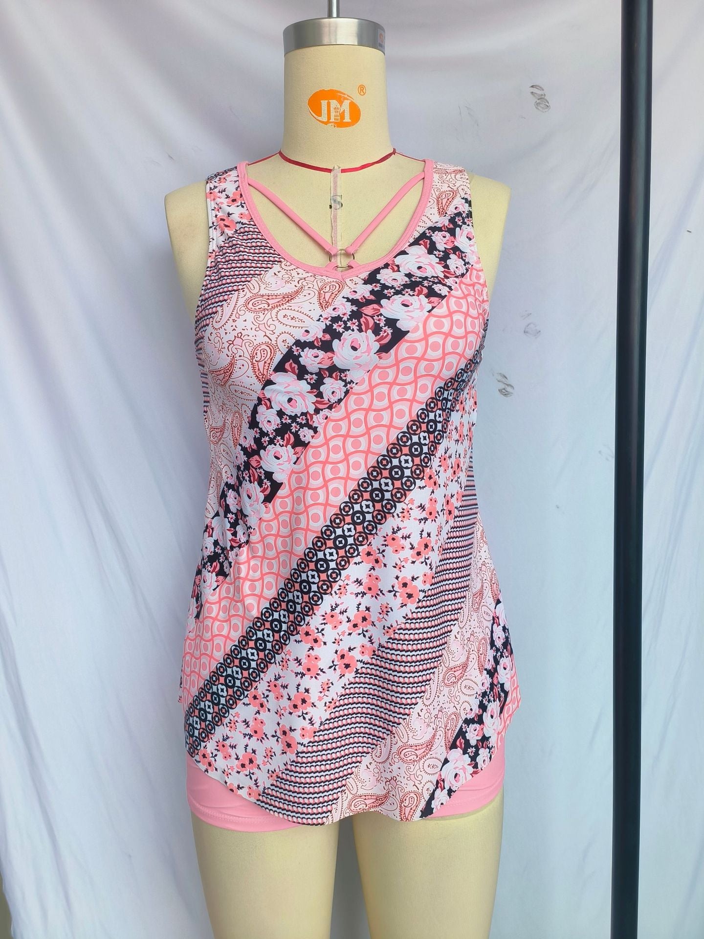 Split plus size Printed Flat Angle European and American Style Conservative Sling Tankini Swimsuit Women's Independent Station Cross-border Foreign Trade in stock