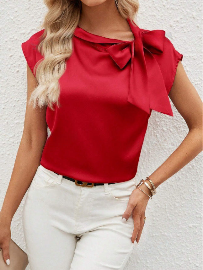 Half Open Collar Bow Satin Top Niche Design Satin Women's Clothing Amazon Cross-border European and American New T-shirt