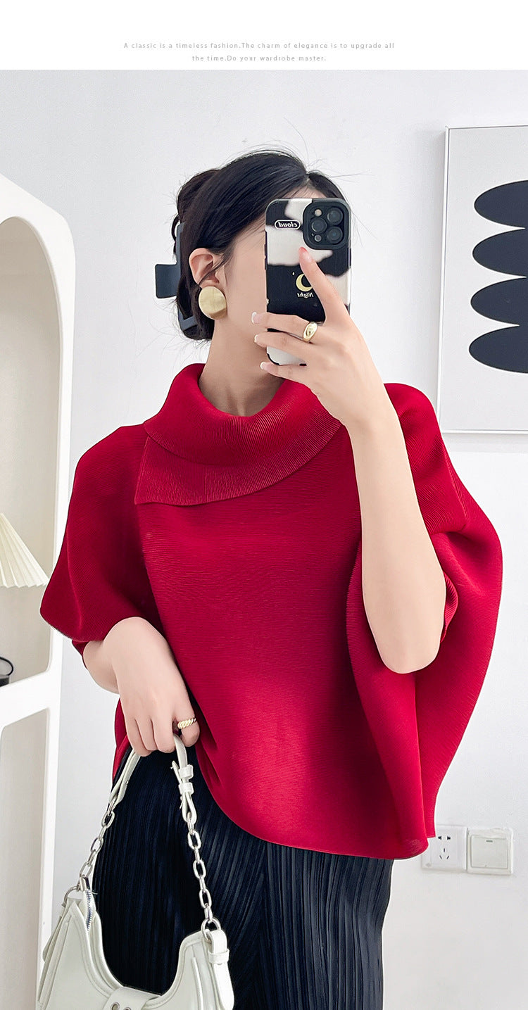 2026 Pleated Lapel Batwing Sleeve Top for Women, Spring and Autumn Style, Loose Fit, Plus Size, Long Sleeve, Pleated Solid Color Base Shirt T-Shirt